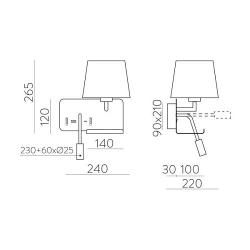 Hold-væglampe, højre, hvid/sort, læselampe, USB-port