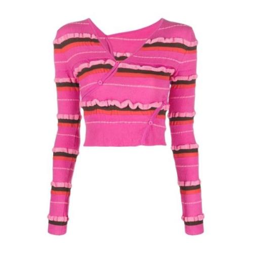 Lyserød Stribet Strikket Kort Sweater