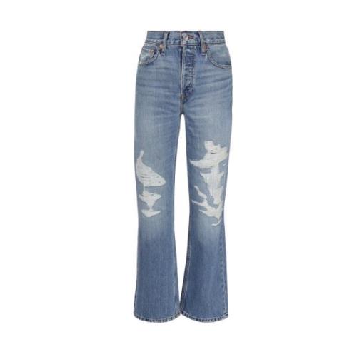 Klassiske Indigo Straight Jeans med Revnede Detaljer