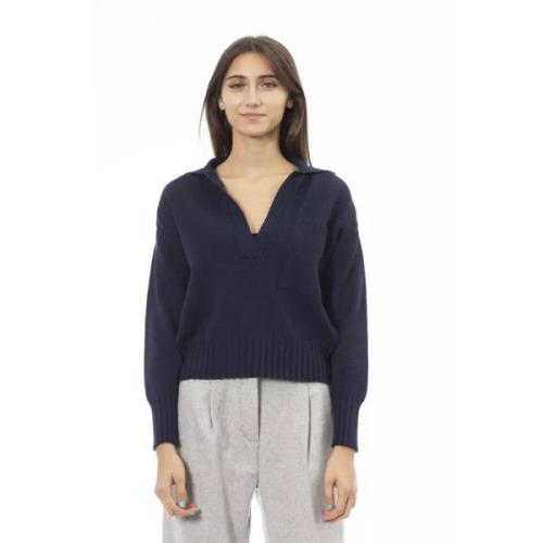 Blå Uld V-Hals Sweater med Frontlomme