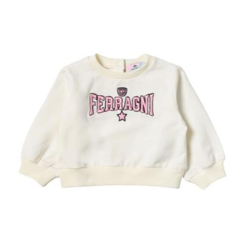 Cremefarvet børnesweater med pink logo broderi