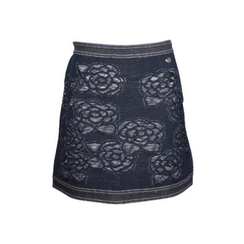 Brugt Bomuld Shorts-Nederdele, Chanel Floral Motif Denim Mini Nederdel