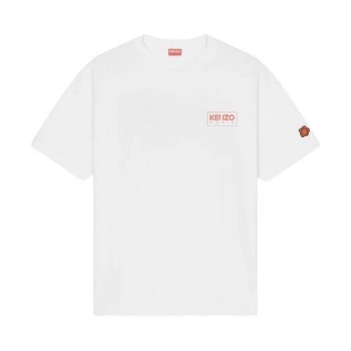 Herre hvid T-shirt med rødt logo mønster og blomster lap