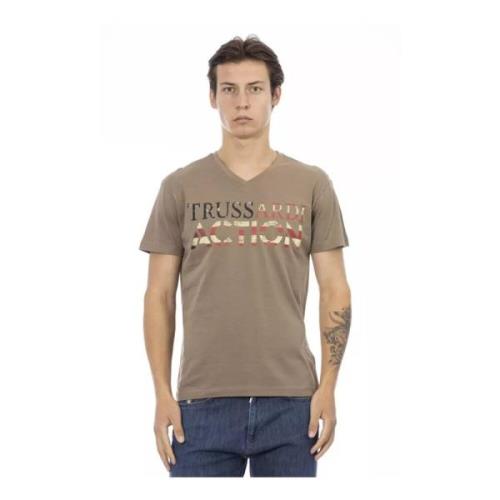 Brun V-Hals T-Shirt med Frontprint