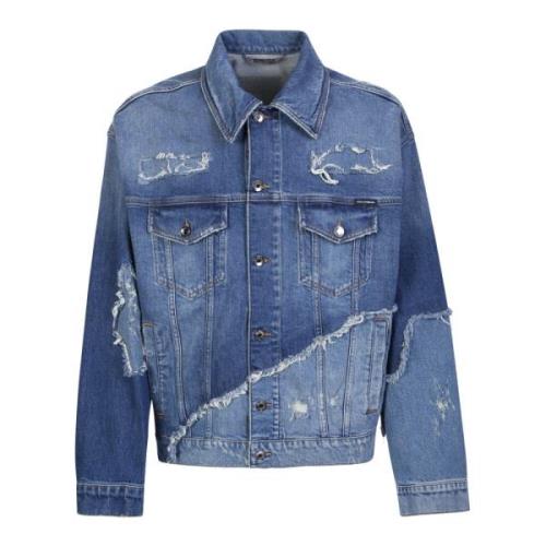 Blå Patchwork Denim Jakke til Mænd