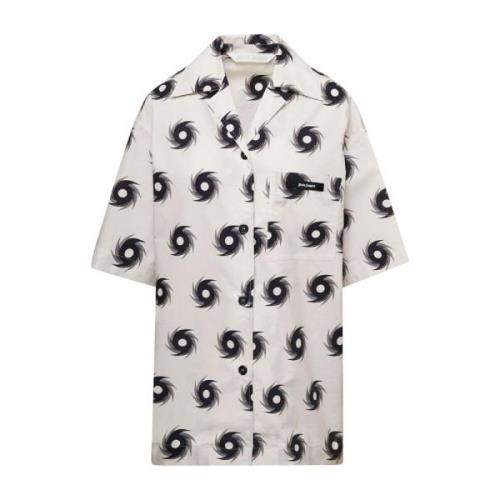 Hvid Shuriken Print Oversize Bowling Skjorte