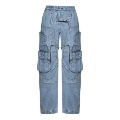 Blå Jeans med Bred Ben og Harness Detalje