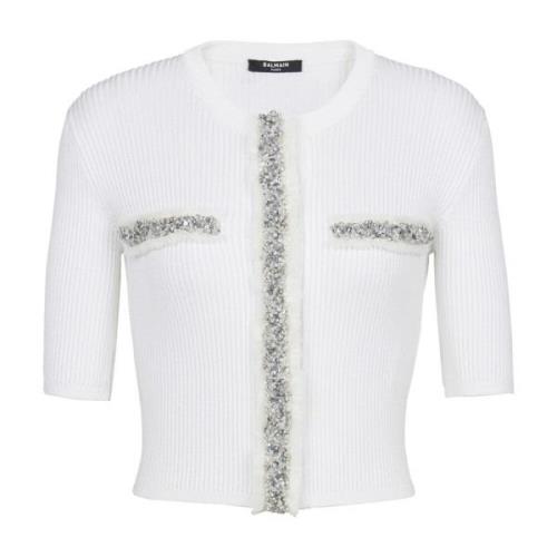 Embroidered cropped knit cardigan