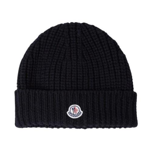 Strikket uld beanie hat med logo patch