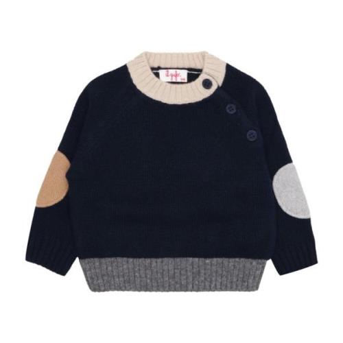 Blå Crew-Neck Sweater med Sideknap Lukning