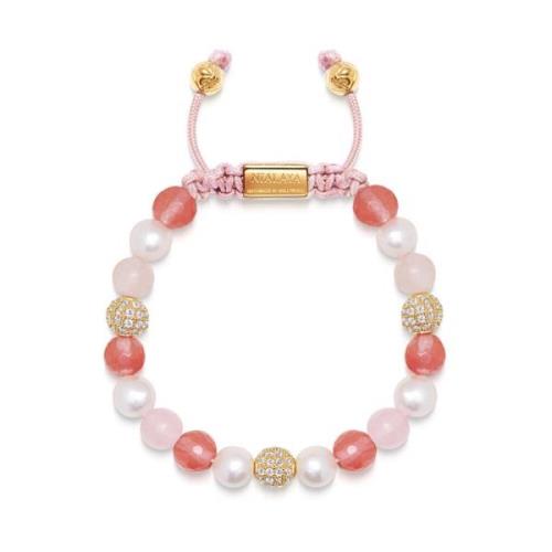 Women's Beaded Bracelet with Pearl, Rose Quartz, Cherry Quartz and Gol...