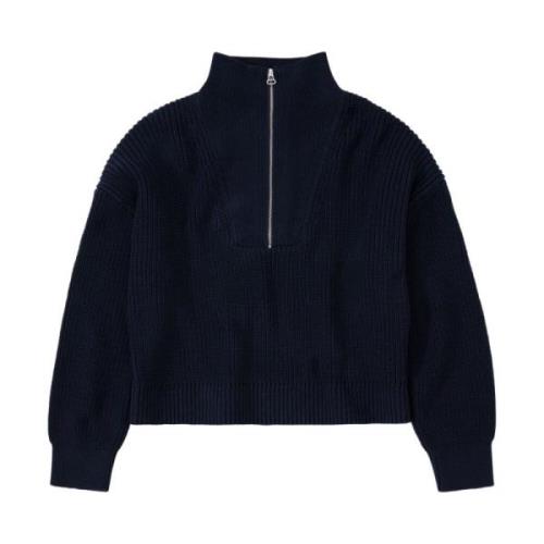 Blå Ribstrikket Højhalset Sweater