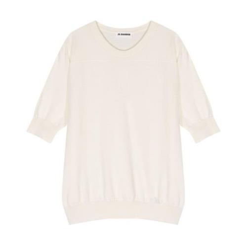 Hvid Crew-neck T-shirt med Ribbet Strik