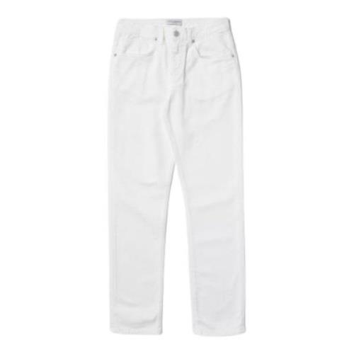 Hvide børne jeans, 5 lommer, bæltestropper, logo patch, normal pasform