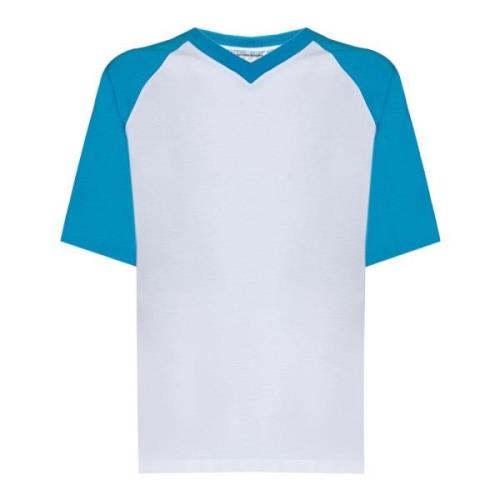 Hvid Ribbet V-hals T-shirt med Blå Ærmer