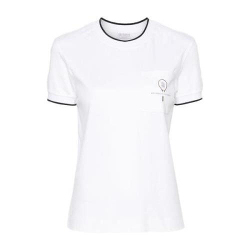 Hvid Bomuld T-shirt med Kontrastkant og Brystlomme