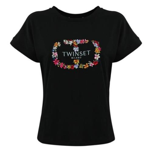 Sort Twin-set T-shirt med broderet blomsterdesign