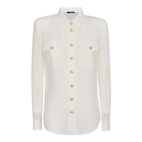 Silke Hvid Skjorte med Guld Knapper