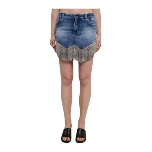 Blå Denim Mini Nederdel med Krystal Tassel