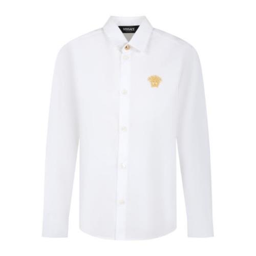 Hvid Bomuld Langærmet Skjorte med Gylden Medusa Broderi
