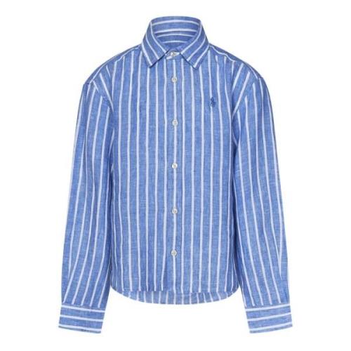 Blå Stribet Linnedskjorte med Knappelukning