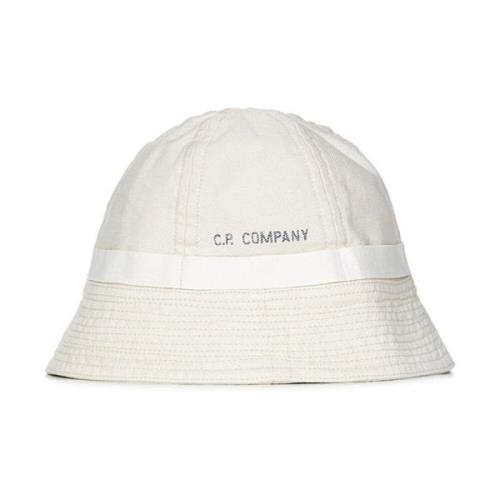 Hvid Bomuldskanvas Bucket Hat med Logo Print