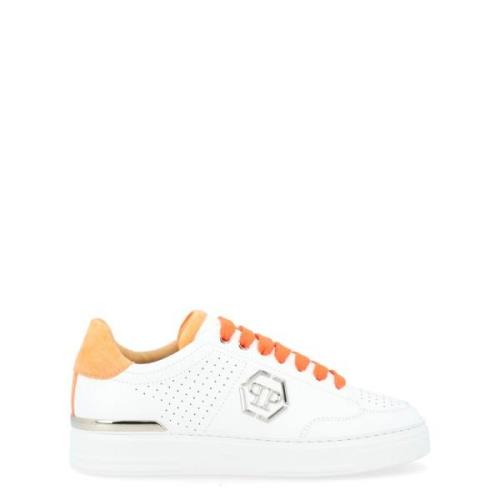 Hvid og Orange Perforeret Læder Sneakers