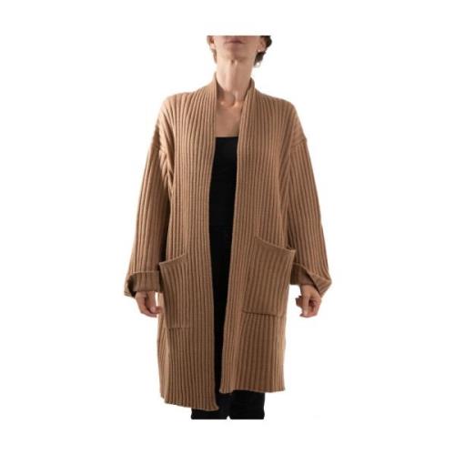 Ribbet Maxi Cardigan Sweater med Lommer