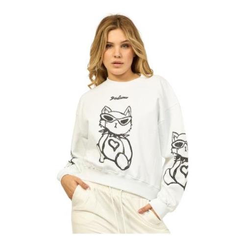 Hvid Crewneck Sweater med Print og Rhinestones