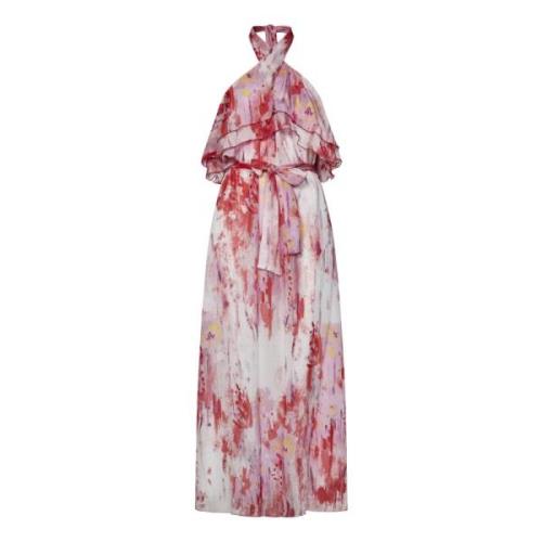 Pink Halterneck Kjole med Kunstnerisk Blomsterprint