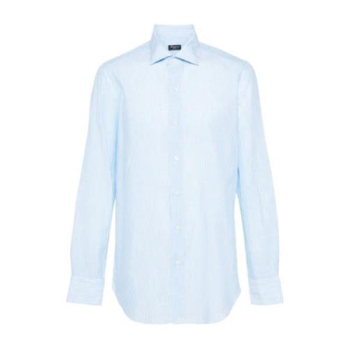 Blå og hvid stribet linned-bomuld skjorte