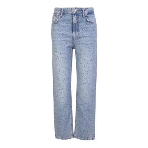 Blå højtaljede cropped jeans med rhinstensudsmykning