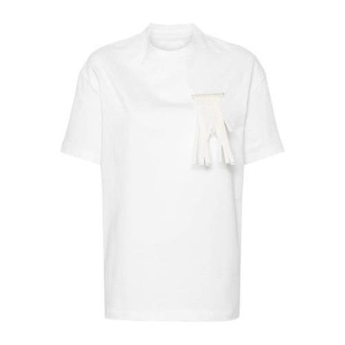 Hvid Bomuld Jersey T-shirt med Frynset Broche