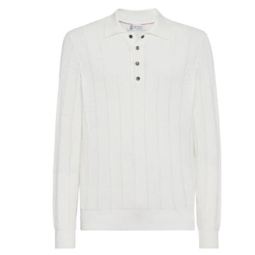 Hvid Bomuld Strikket Polo Sweater