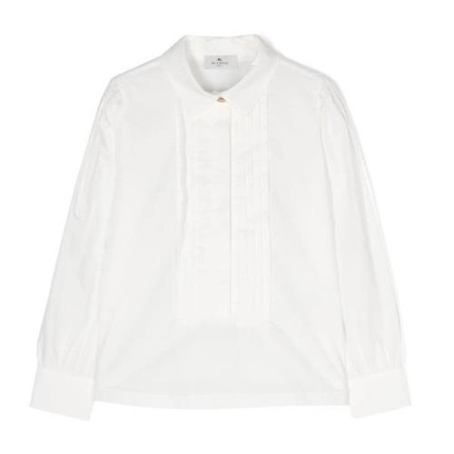 Hvid Plisseret Skjorte Knap Front Langærmet Klassisk Krave