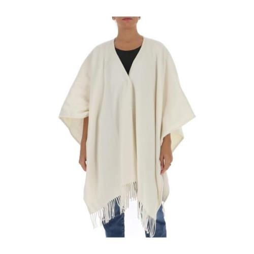 Hvid frynset oversized poncho cape