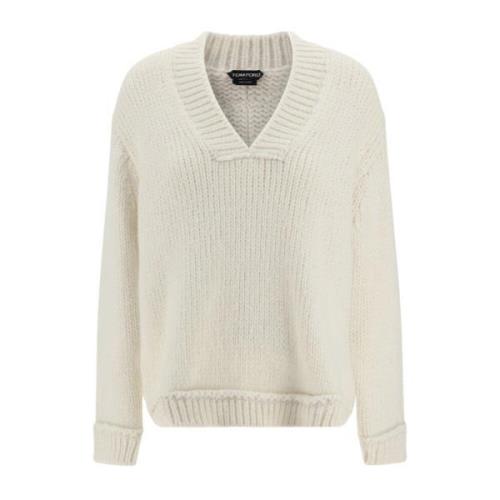 Hvid Alpaka Sweater V-Hals Ribbet