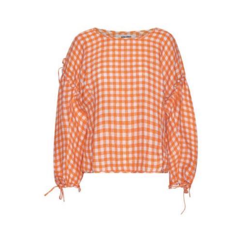 Orange Blue Checks Linen Blouse