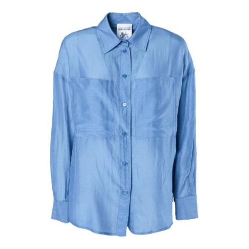 Blå Silkeblandings Skjorte Med Krave