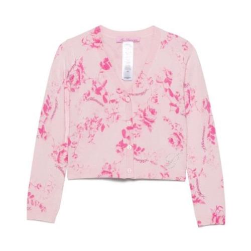 Pink Blomstret Sweater V-Hals Rhinestone Pyntet