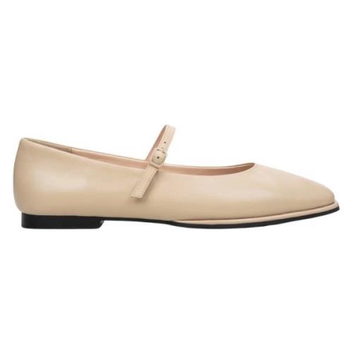 Beige Læder Ballet Flats med Spænde