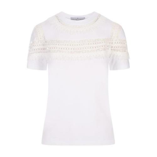Hvid Crew-neck T-shirt med Macramé Detalje