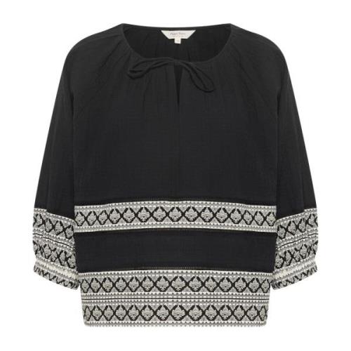 Sort Border Print Bluse 3/4 Ærmer