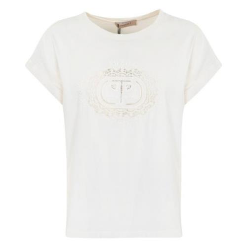 Hvid Bomuld T-shirt med Blonder Logo