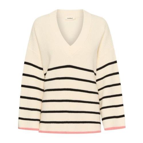 Stribet V-Neck Pullover Sweater Whisper White