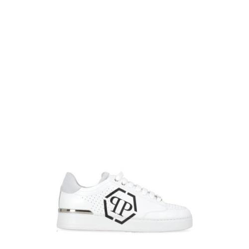 Hvide Læder Sneakers Rund Tå Logo