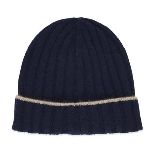 Blå Cashmere Beanie Hue Ribbet Mønster