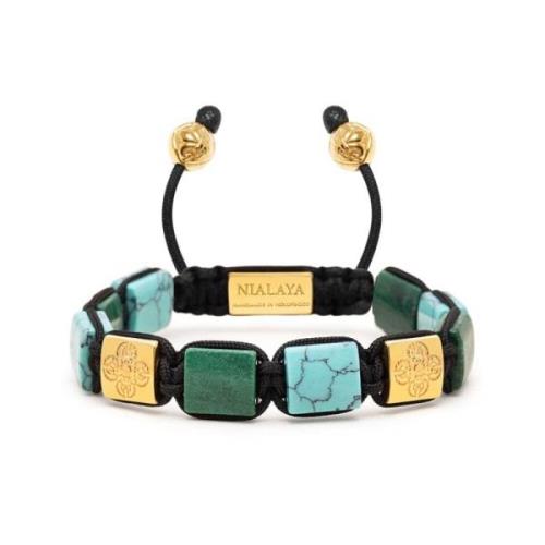 Womens Turquoise and Green Jade Flatbead Bracelet with Gold Plated Dor...