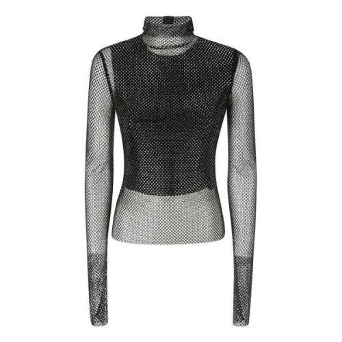 Glitter Mesh Top med Høj Krave