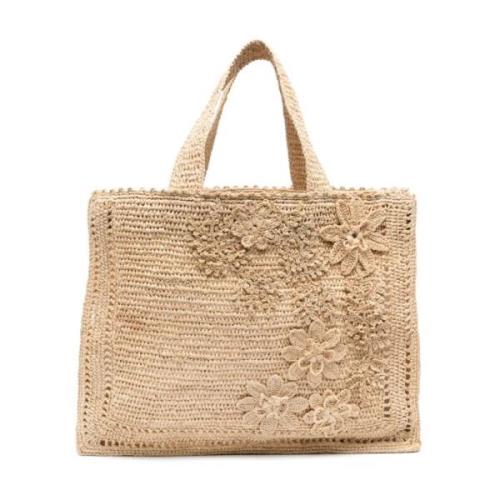 Blomst Applikation Raffia Tote Taske